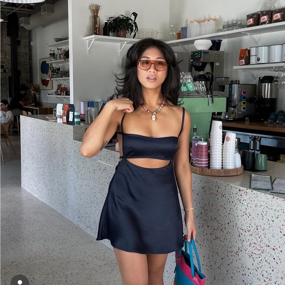 Meshki Black Satin Cutout Midi Dress